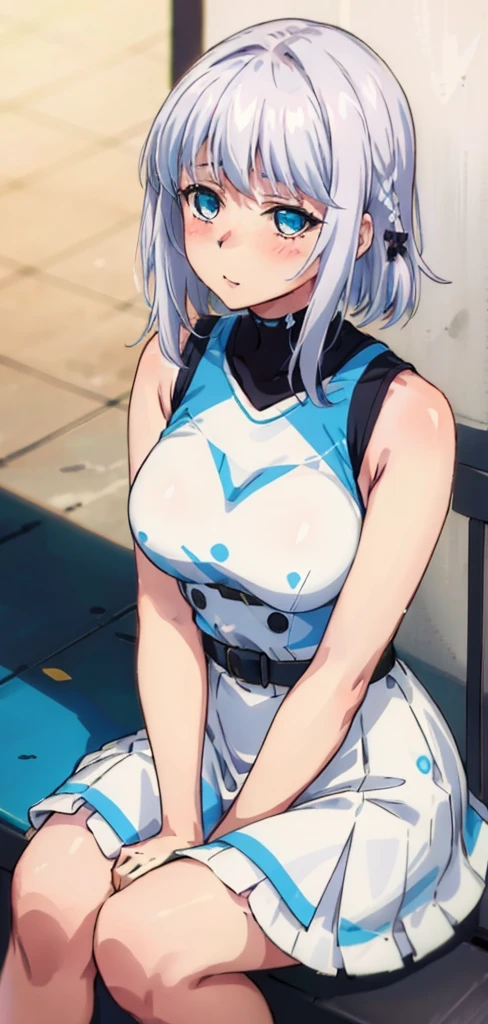 1 girl, kanon kanase, , blush, medium breasts, sleeveless,((stylish outfit, dress)), sitting, 20-year-old, healthy skin. Upper_body.