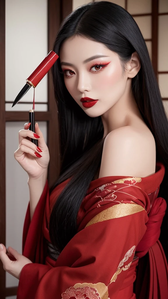 “A beautiful woman with long black hair and fair skin, wearing thin red eyeshadow. She exudes a captivating and alluring atmosphere, with rouge lipstick. She sticks out her tongue and licks a knife held in her hand. She is dressed in a traditional Japanese kimono, which is slightly open at the shoulders. The background is luxurious and magnificent.”