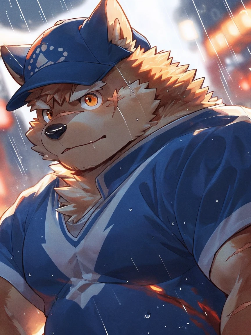 human nature, Wildlife, male,18 years old, solitary, ((Round Face, The face is plump,Orange eyes,Thick orange hair,With scars)), ((Endomorph, Handsome,Hot Blood)), (Sportswear,Light blue and white coat,Wear a sports cap), ((domestic 犬, Dog Orc,) Fluffy fur, Fluffy), Bokeh, (high quality, high resolution, masterpiece), (Dynamic Lighting, Vibrant colors,Natural fill light), (Revitalize,harm,Disdain,aggressive), Full body picture (close up), cartoon, author:Takemoto Arashi, From zixiong, By Chunni, author:Empty Ghost,(background:Raining dead city)