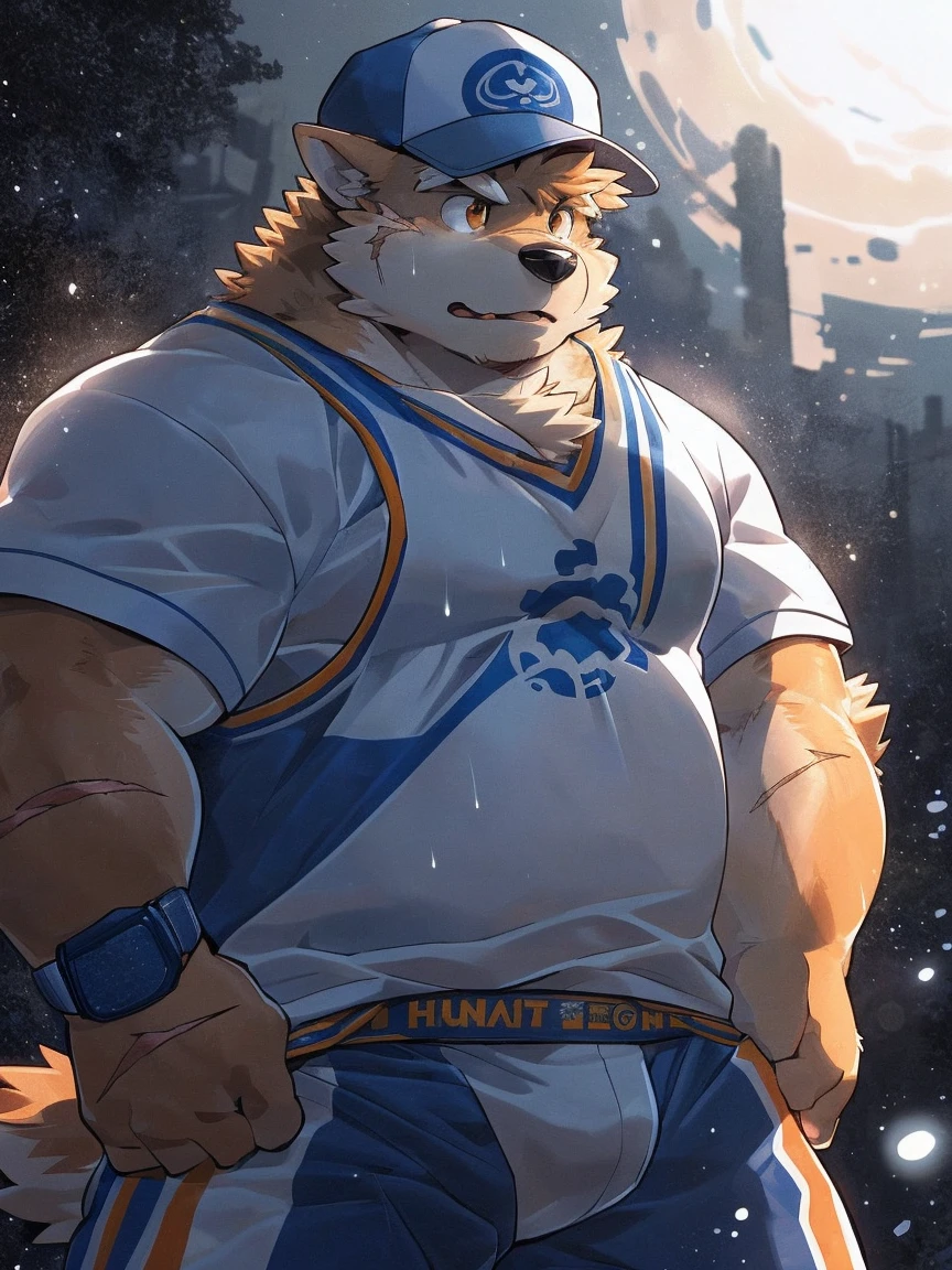 human nature, Wildlife, male,18 years old， solitary, ((Round Face, The face is plump,Orange eyes,Thick orange hair，With scars)), ((Endomorph, Handsome，Hot Blood)), (Sportswear，Light blue and white coat，Wear a sports cap), ((domestic 犬, Dog Orc，) Fluffy fur, Fluffy), Bokeh, (high quality, high resolution, masterpiece), (Dynamic Lighting, Vibrant colors，Natural fill light), (Revitalize，harm，Disdain，aggressive), Full body picture (close up), cartoon, author：Takemoto Arashi, From zixiong, By Chunni, author：Empty Ghost，（background：Raining dead city）