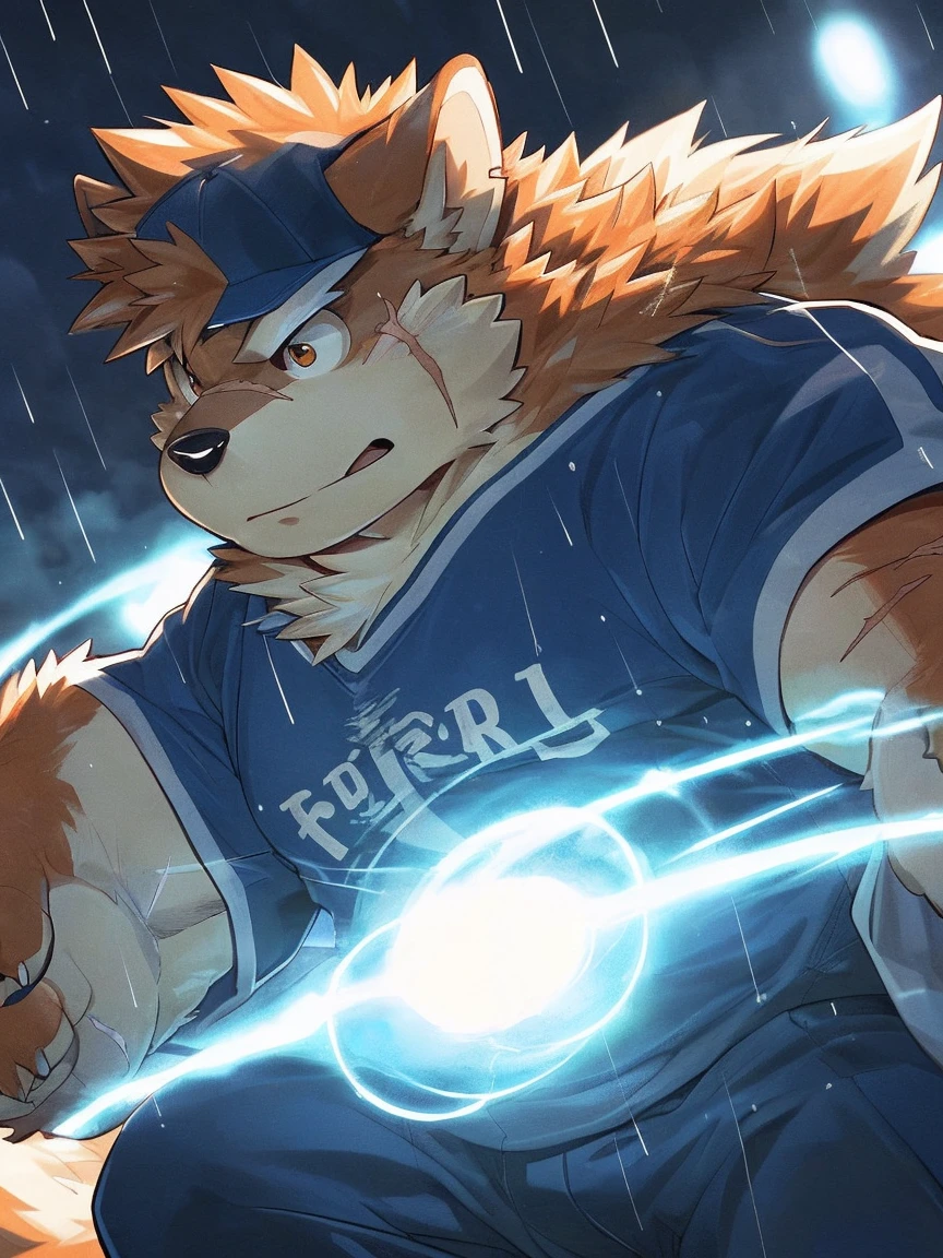 human nature, Wildlife, male,18 years old, solitary, ((Round Face, The face is plump,Orange eyes,Thick orange hair,With scars)), ((Endomorph, Handsome,Hot Blood)), (Sportswear,Light blue and white coat,Wear a sports cap), ((domestic 犬, Dog Orc,) Fluffy fur, Fluffy), Bokeh, (high quality, high resolution, masterpiece), (Dynamic Lighting, Vibrant colors,Natural fill light), (Revitalize,harm,Disdain,aggressive), Full body picture (close up), cartoon, author:Takemoto Arashi, From zixiong, By Chunni, author:Empty Ghost,(background:Raining dead city)