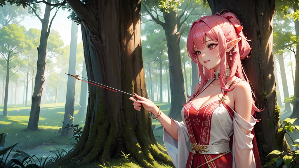 big tree、Elf sleeping leaning against a tree、Like a hunter、Sleeping while standing、Portrait of a beautiful 16 year old girl , detailedな背景画、Fresh Green Forest、Red Eyes, detailedな目、detailedな手脚、Accentuate the cleavage(0.6)、, Tan Skin、Bright red lips, (masterpiece) (Highest quality) (detailed) (8K) (High resolution) (Cinema Lighting) (Sharp focus)、One person、Pink Hair、(Inner Color: Random), ((blush: 0.8)), Natural skin texture, Transparent skin、Delicate, up、luxury、hair ornaments、Bow and arrow leaning against a tree