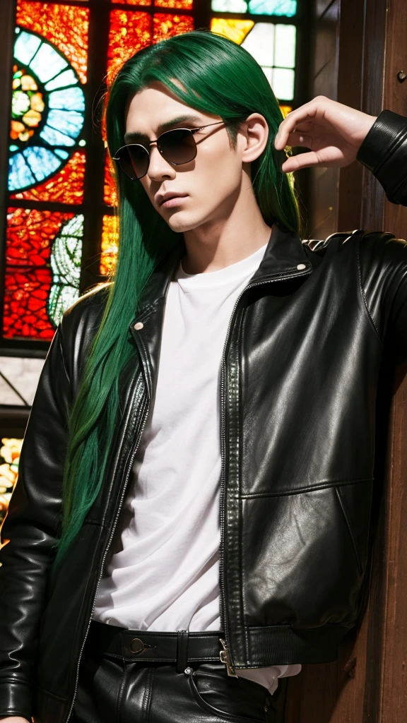 Men's Makeup, sunglasses, Long Green Hair, Red eyes, Leather clothing, Put your hands in your pockets、Bold、Masterpiece、Stained glass