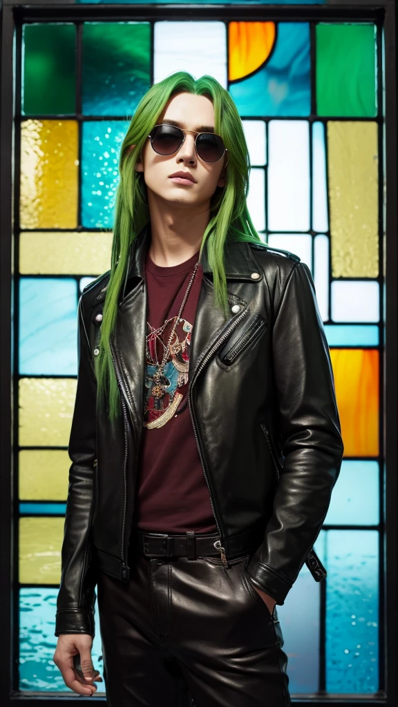 Men's Makeup, sunglasses, Long Green Hair, Red eyes, Leather clothing, Put your hands in your pockets、Bold、Masterpiece、Stained glass