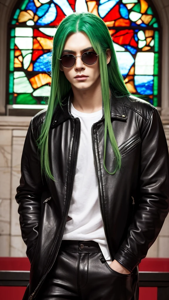 Men's Makeup, sunglasses, Long Green Hair, Red eyes, Leather clothing, Put your hands in your pockets、Bold、Masterpiece、Stained glass
