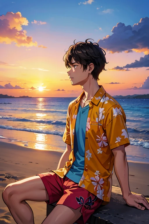 The background is a beautiful beach with a sunset in Okinawa。A man wearing an aloha shirt and shorts sits and looks into the distance