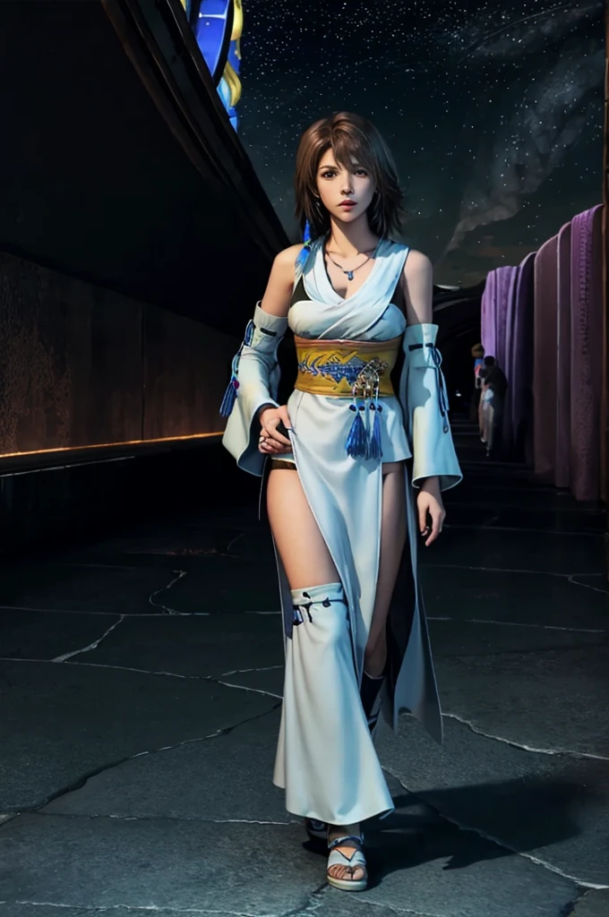 1girl, blue-beaded earring, brown hair, detached sleeves, necklace, solo, yuna (ff10), yunaffx,  medium breasts, full body, walking, hallway, looking at viewer, hand on hip,