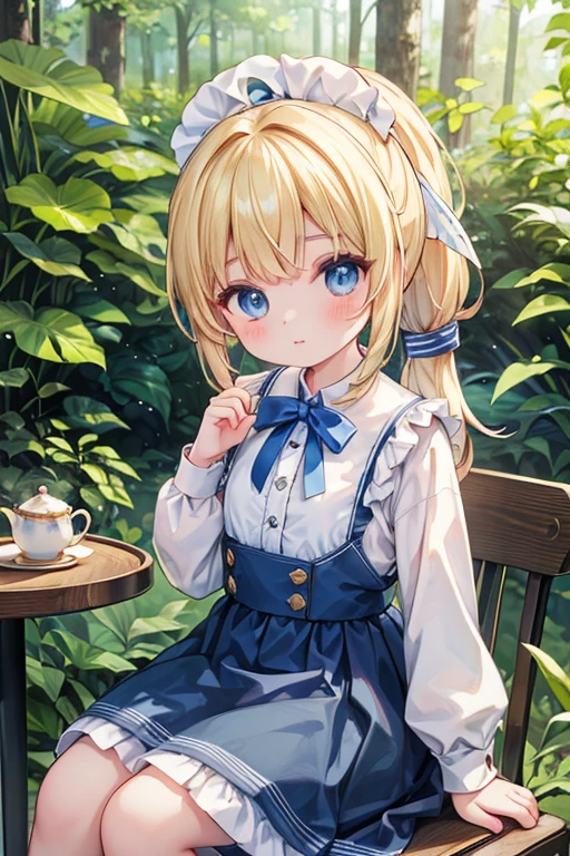 (8K, Highest quality, tableトップ:1.2)、Ultra-high resolution、, Perfect Fingers, Detailed face, blue eyes, blonde, ponytail, Blue Apron Dress, in the forest, tea , table, Tea cup, cake, Sit on a chair