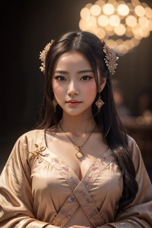 best quality, masterpiece, highres, 1girl,blush,(seductive smile:0.8),star-shaped pupils,china hanfu,hair ornament,necklace, jewelry,Beautiful face,upon_body, tyndall effect,photorealistic, dark studio, rim lighting, two tone lighting,(high detailed skin:1.2), 8k uhd, dslr, soft lighting, high quality, volumetric lighting, candid, Photograph, high resolution, 4k, 8k, Bokeh
