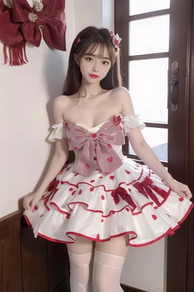 WHAT,bow,crinoline, ((Large Breasts)), ((D cup)), Visible cleavage,Highly detailed face and skin texture,((Bare shoulder)), Double eyelids,Skin Whitening,Long hair,Whitening long legs,Standing by the sea, Fashion Girl, Red lips, Sweet Girl, Beautiful makeup, detail, lifelike, Very detailed, Astonishing, beautiful, Young and energetic, high quality,HD, Colorful, Beautifully, Smooth skin, The skirt is very short, Official Art, Extremely detailed, Movie atmosphere, Soft colors, Natural skin texture, Random scene, random shooting Angle, Black over-the-knee socks, lace hem (beautiful hands)