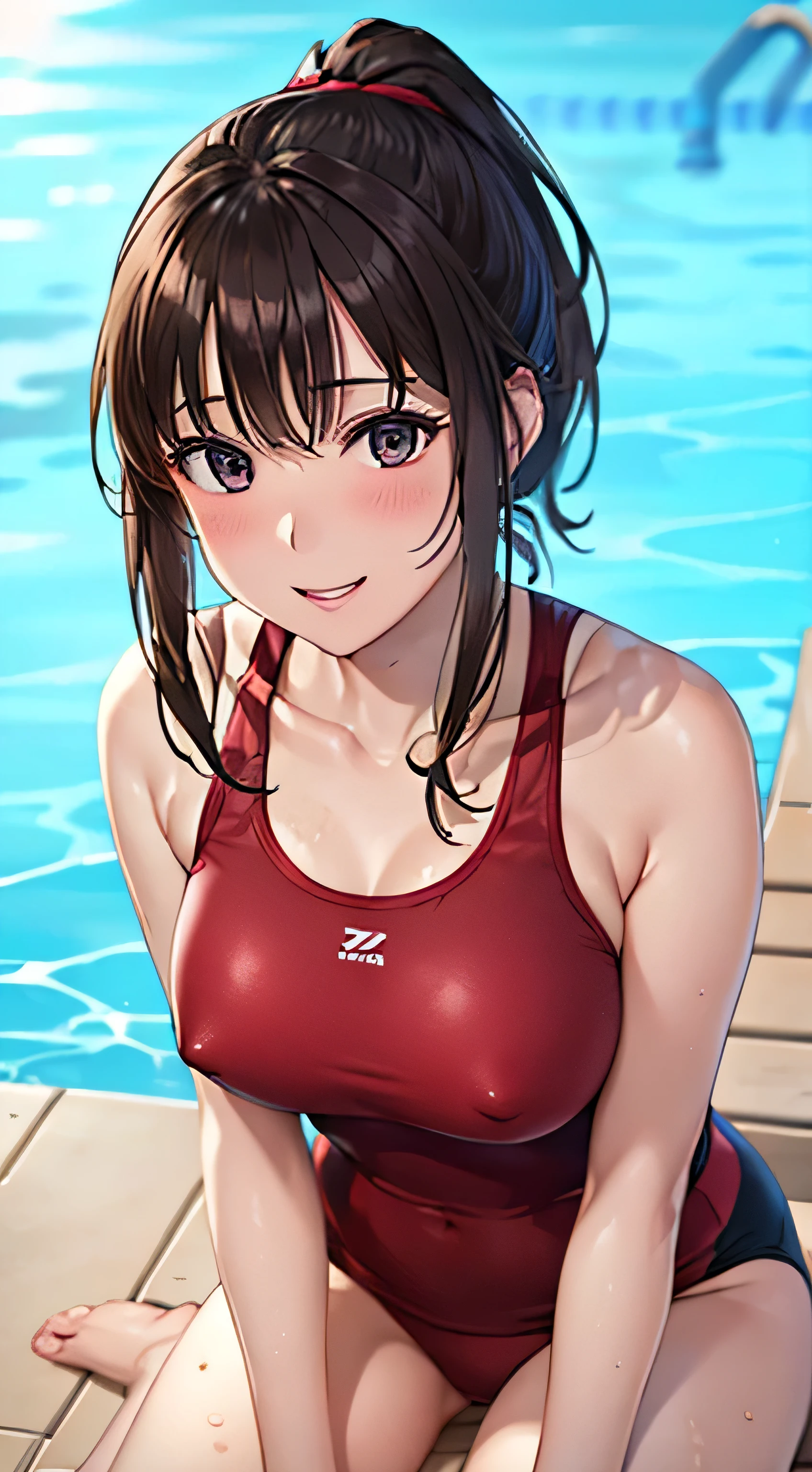 ((Tabletop, Highest quality, High resolution, , Pixel Perfect, 4K,))), 1 female, 、The whole body is visible、 ((medium length wavy hair,ponytail、bangs, Brown Hair)), ((Brown eyes, Beautiful eyelashes, Realistic eyes)), ((Detailed face, Blushing:1.2)), ((Smooth texture:0.75, Realistic texture:0.65, Realistic:1.1, Anime CG Style)), Medium sized breasts, Dynamic Angle, Perfect body, (( , , Beautiful swimming trainer、、Black and red swimming wear 、)), Nipples are slightly visible、、Very embarrassing panic smile, 、、、Luxury hotel pool、Sit on a bench by the pool、、、、、、 、Angle from below)、