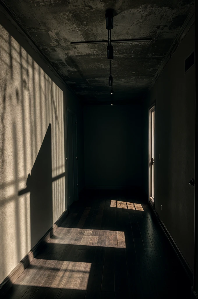 A dark and eerie room with a flickering flashlight casting shadows on the walls.
