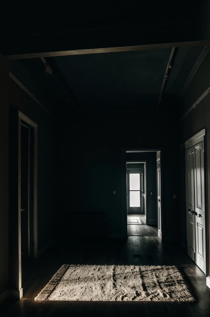 A dark and eerie room with a flickering flashlight casting shadows on the walls.
