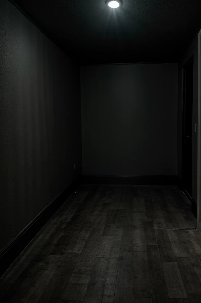 A dark and eerie room with a flickering flashlight casting shadows on the walls.