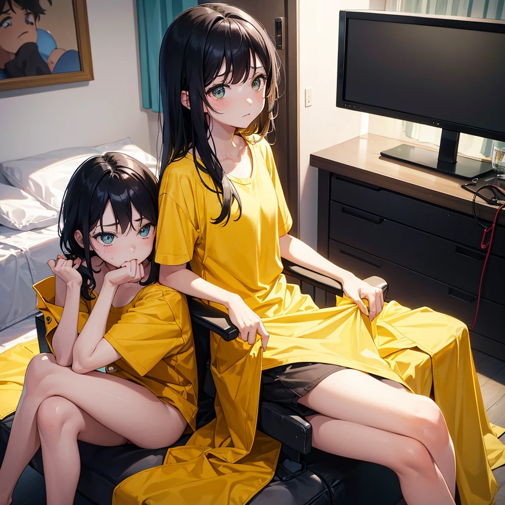 The girl is not wearing clothes (real face, sad expression) is in the room (there is a chair, bed, TV) and 1 boy (real face, black hair, yellow shirt, flat expression)