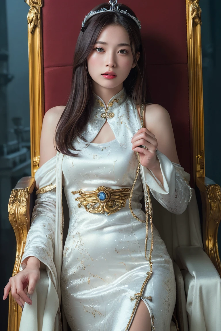 (Highest quality:1.4),(masterpiece:1.4),(Realistic:1.4),(Realistic:1.2),(超High resolution, RAW Photos:1.4),(High resolution, Super detailed:1.2),(8K:1.2),Movie Photos,a photo of a dark-haired,One Girl,alone,wear ,((China dress))、((Upper Body:1.3)),((Throne of Power,Throne of Power:1.3))