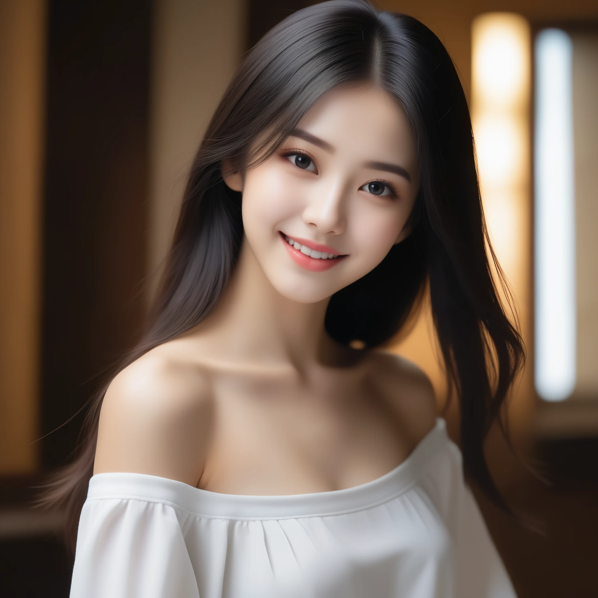 8K, Ultra-high resolution, Highest quality, masterpiece, 三分割法によるphotograph,Surreal, photograph, 1 girl, (:1.3), pretty girl, Cute face, Beautiful eyes in every detail, 細かくdetailedに,masterpiece,, One Girl:1.2, Japan Female Announcer,whole body、Black Hair、well-groomed eyebrows、Cute Lip Makeup,(masterpiece, Highest quality, Highest quality, Official Art, beautifully、aesthetic:1.2), (One girl), 非常にdetailedな,(Fractal Art:1.3),colorful,最もdetailedな,Cute gestures、so beautiful,A carefree smile,Healing the heart,Long Straight Hair,Looking at the audience、beauty,Long neck、Laugh a little、Please close your mouth and laugh、(((Ideal body type))),A-cup small breasts :2,、Portraiture:2、Perfect Anatomy、鮮明なdetailed、detailed、Surreal、Light and shadow,Strong light
