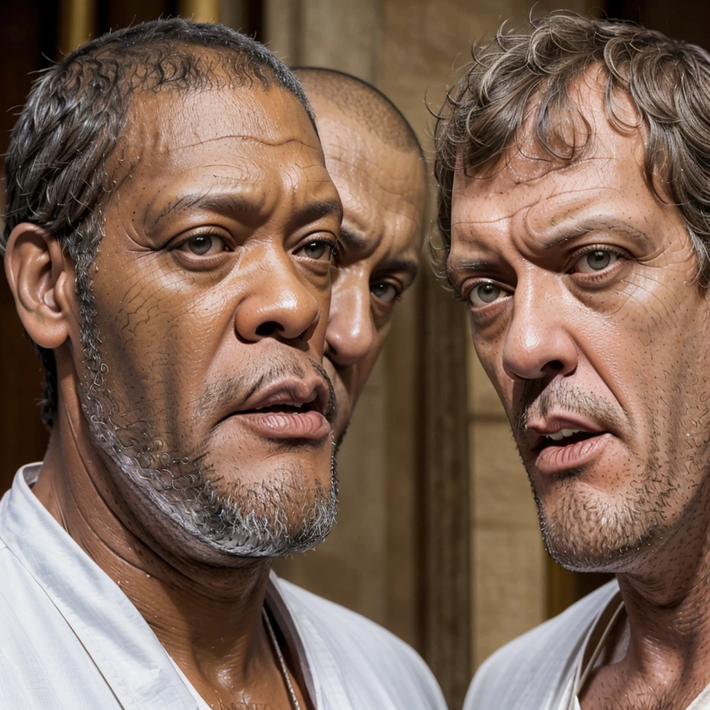 there are two people arguing, (((laurence fishburne))), (((Hugh Laurie))) , (((dressed in biblical times clothes))), black bald man, dressed in white, arguing with evil looking Hugh Laurie, (hugh laurie with white biblical clothes), (Hugh Laurie and laurence fishburne arguing), ((extreme closeup)), (close up)