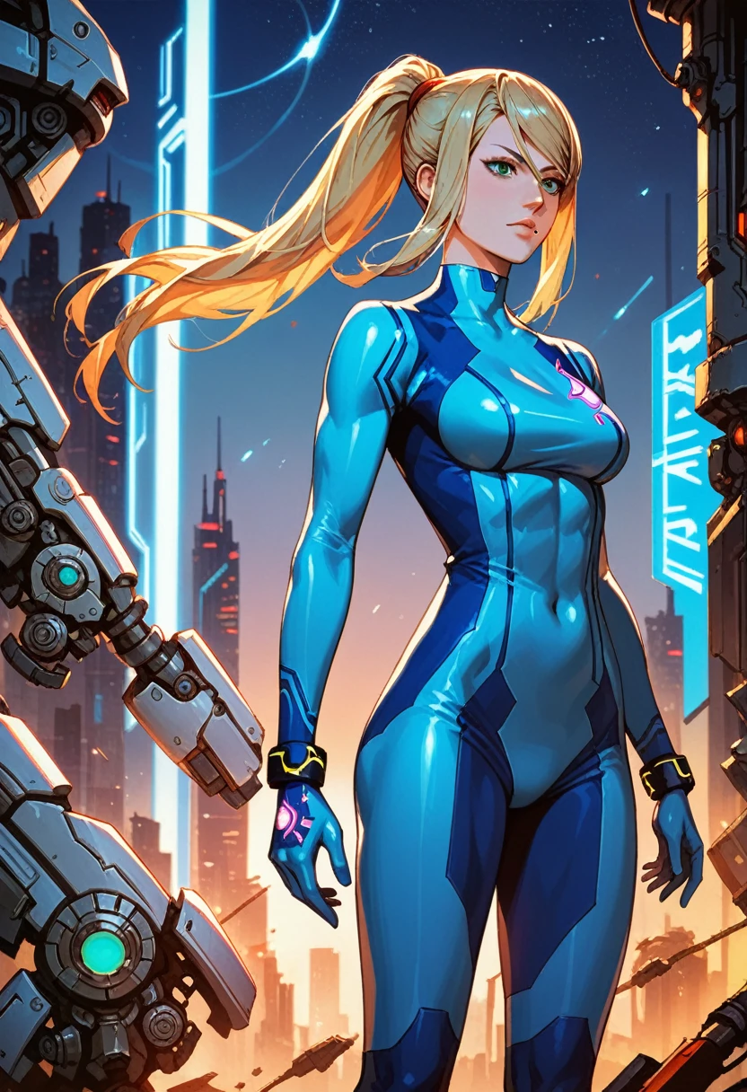 (best quality),female,Samus aran,blond hair,green eyes,zero suit,light blue body suit,cowboy shot,night city,Science fiction,ultra-detailed,sharp focus,aesthetic
score_9, score_8_up, score_7_up,source_anime,rating_safe,anime style
