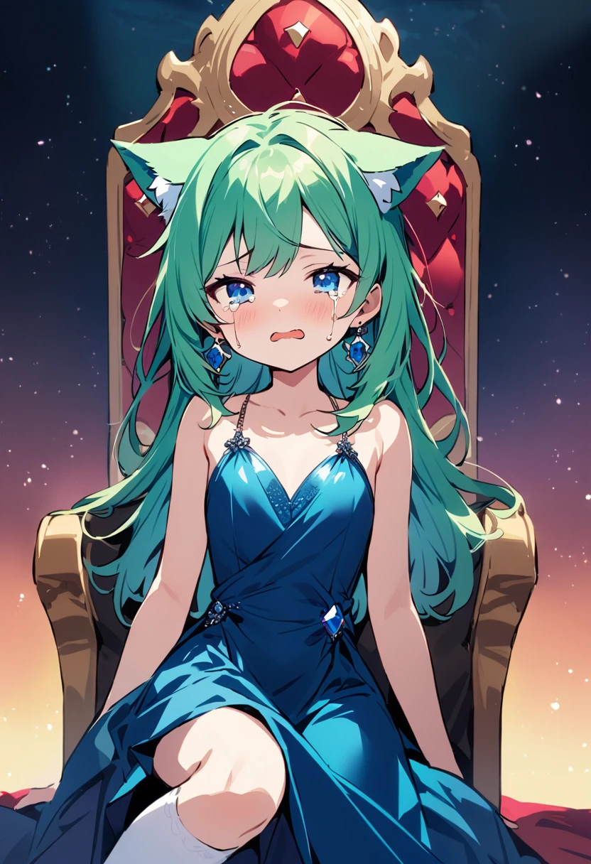 masterpiece, Highest quality, Illustration of the novel, High resolution, 18+ Adult content, Sensual, Intimate, Emotional, Passionate, romantic, sweet, Adorable, Innocent, Pure, Fascinating, Fascinatingな, Charm, mysterious, Fascinatingな, Fascinating, Immersive, Fascinatingな, dream-like, Surreal, Imaginative, Whimsical, Artistic, Avant-garde, timeless, elegant, Sophisticated, chic, Sophisticated, personality, original, Fascinatingな,One Girl,Deltamon_beta, alone, blue eyes, Knee socks, Animal ears, Bare shoulders, Blue Tail, Earrings,Removable sleeves, Green Hair, Sleeveless, Cat ear, bag, white Knee socks, Cat'tail,pink backpack,Pink school bag,Lavender lace: Lavender Peter Pan collar lace dress, Paired with ivory tights and Mary Jane shoes.,Cherry-blossom viewing, azalea, satsuki, azalea blizzard,
rest ((Avoidance method ((子Cat)), Crying face)),((Evening Dresses,Evening Dresses,Evening Dresseses:1.3)),((Throne of Power,Throne of Power:1.3))