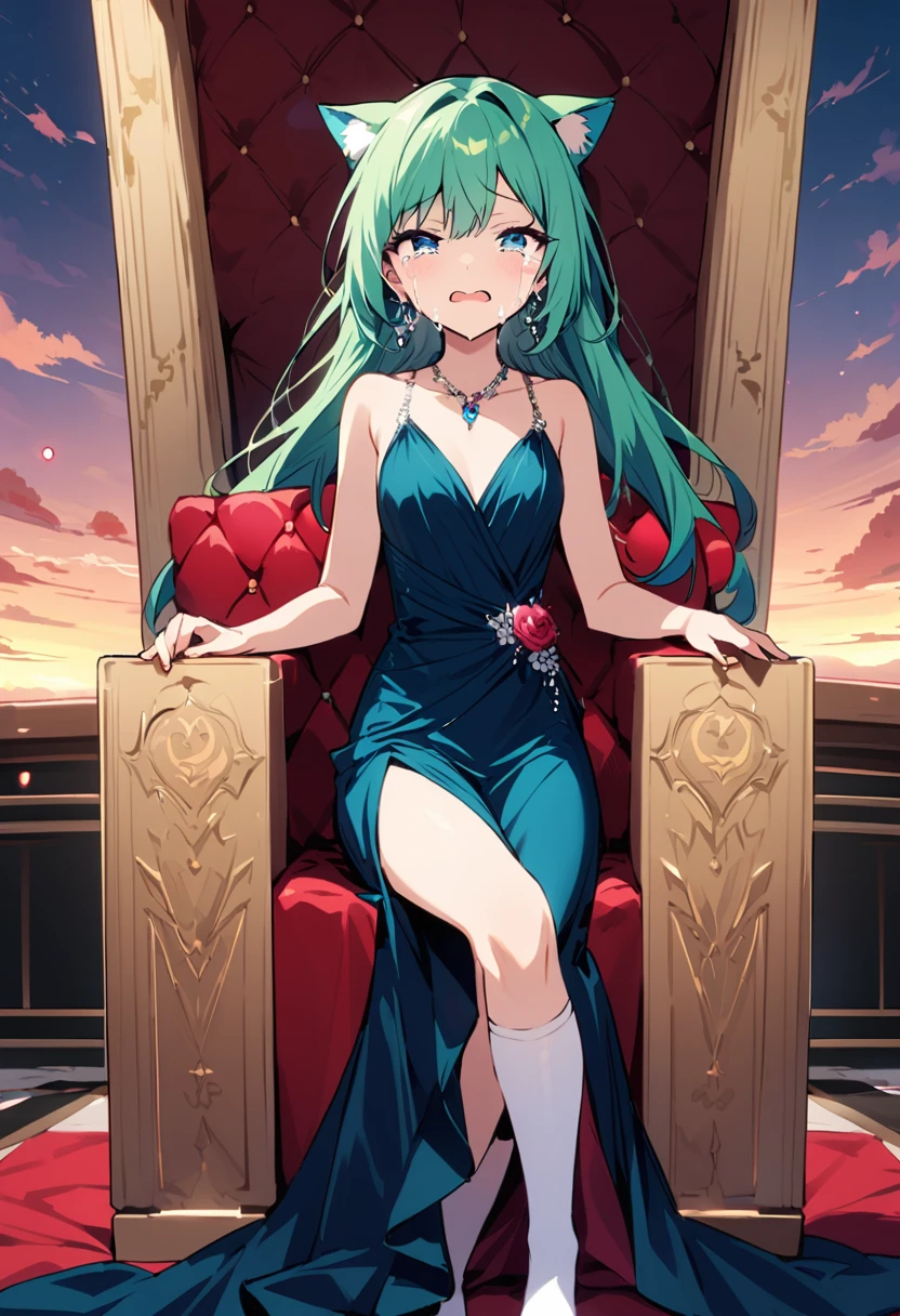 masterpiece, Highest quality, Illustration of the novel, High resolution, 18+ Adult content, Sensual, Intimate, Emotional, Passionate, romantic, sweet, Adorable, Innocent, Pure, Fascinating, Fascinatingな, Charm, mysterious, Fascinatingな, Fascinating, Immersive, Fascinatingな, dream-like, Surreal, Imaginative, Whimsical, Artistic, Avant-garde, timeless, elegant, Sophisticated, chic, Sophisticated, personality, original, Fascinatingな,One Girl,Deltamon_beta, alone, blue eyes, Knee socks, Animal ears, Bare shoulders, Blue Tail, Earrings,Removable sleeves, Green Hair, Sleeveless, Cat ear, bag, white Knee socks, Cat'tail,pink backpack,Pink school bag,Lavender lace: Lavender Peter Pan collar lace dress, Paired with ivory tights and Mary Jane shoes.,Cherry-blossom viewing, azalea, satsuki, azalea blizzard,
rest ((Avoidance method ((子Cat)), Crying face)),((Evening Dresses,Evening Dresses,Evening Dresseses:1.3)),((Throne of Power,Throne of Power:1.3))
