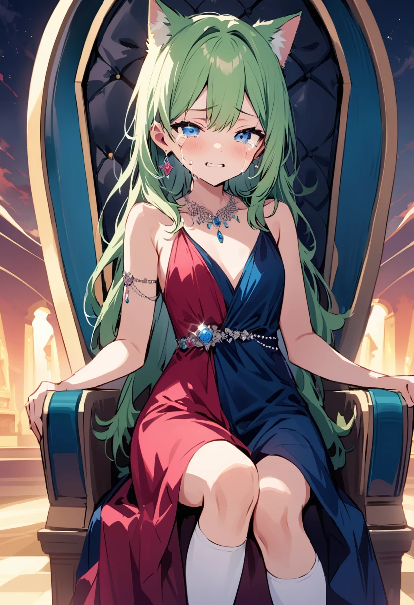 masterpiece, Highest quality, Illustration of the novel, High resolution, 18+ Adult content, Sensual, Intimate, Emotional, Passionate, romantic, sweet, Adorable, Innocent, Pure, Fascinating, Fascinatingな, Charm, mysterious, Fascinatingな, Fascinating, Immersive, Fascinatingな, dream-like, Surreal, Imaginative, Whimsical, Artistic, Avant-garde, timeless, elegant, Sophisticated, chic, Sophisticated, personality, original, Fascinatingな,One Girl,Deltamon_beta, alone, blue eyes, Knee socks, Animal ears, Bare shoulders, Blue Tail, Earrings,Removable sleeves, Green Hair, Sleeveless, Cat ear, bag, white Knee socks, Cat&#39;tail,pink backpack,Pink school bag,Lavender lace: Lavender Peter Pan collar lace dress, Paired with ivory tights and Mary Jane shoes.,Cherry-blossom viewing, azalea, satsuki, azalea blizzard,
rest ((Avoidance method ((子Cat)), Crying face)),((Evening Dresses,Evening Dresses,Evening Dresseses:1.3)),((Throne of Power,Throne of Power:1.3))