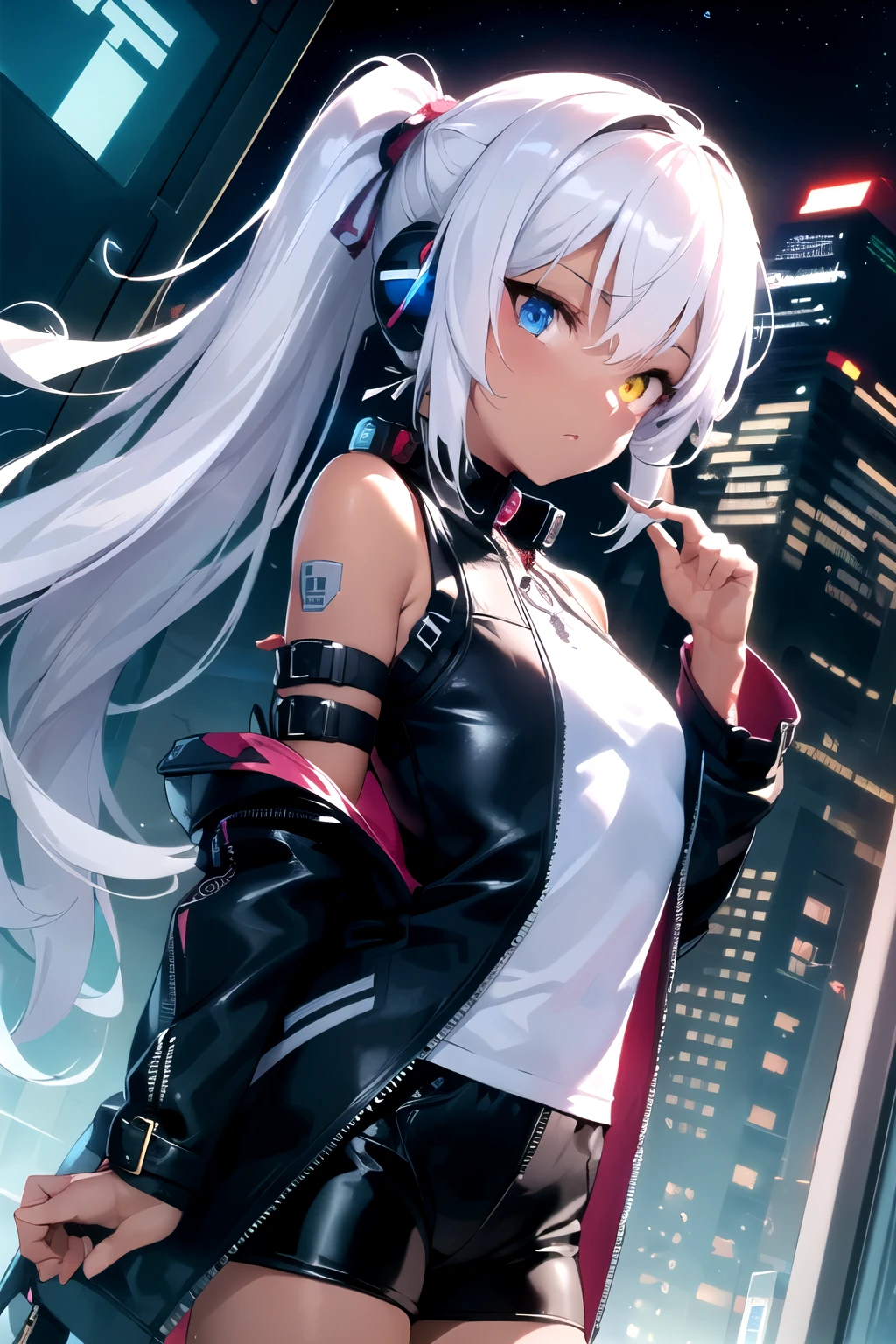 (masterpiece,Perfect Anatomy,highest quality,Super detailed,High resolution.8K,Highly detailed CG,),Detailed face,Highly detailed five fingers,Perfect hands,perfect arm,Rule of Thirds,BREAK,One Girl,(Heterochromia of the iris: Right eye is blue、Left eye is red),(Dark Skin:1.3),(Very long white SidePonytail hair),(yellowlens sunglasses,on the top on head),headphone,small breasts,Slender body,(low length),slant eyes,small eyes,14 years old,serious,Look to the right hand,BREAK,long sleeve black Compression Shirt,BREAK,((zip down Shoulder Drop yellow Oversized down coat)),BREAK,white shorts,BREAK,high cut black boots,BREAK,contrasted,(((Hold the phone in your right hand))),BREAK,neon lights,(cyberpunk,skyscraper),outdoor,Late Night,derk night,night view,night sky,starry sky,from front,high angle,upper body,Dutch Angle