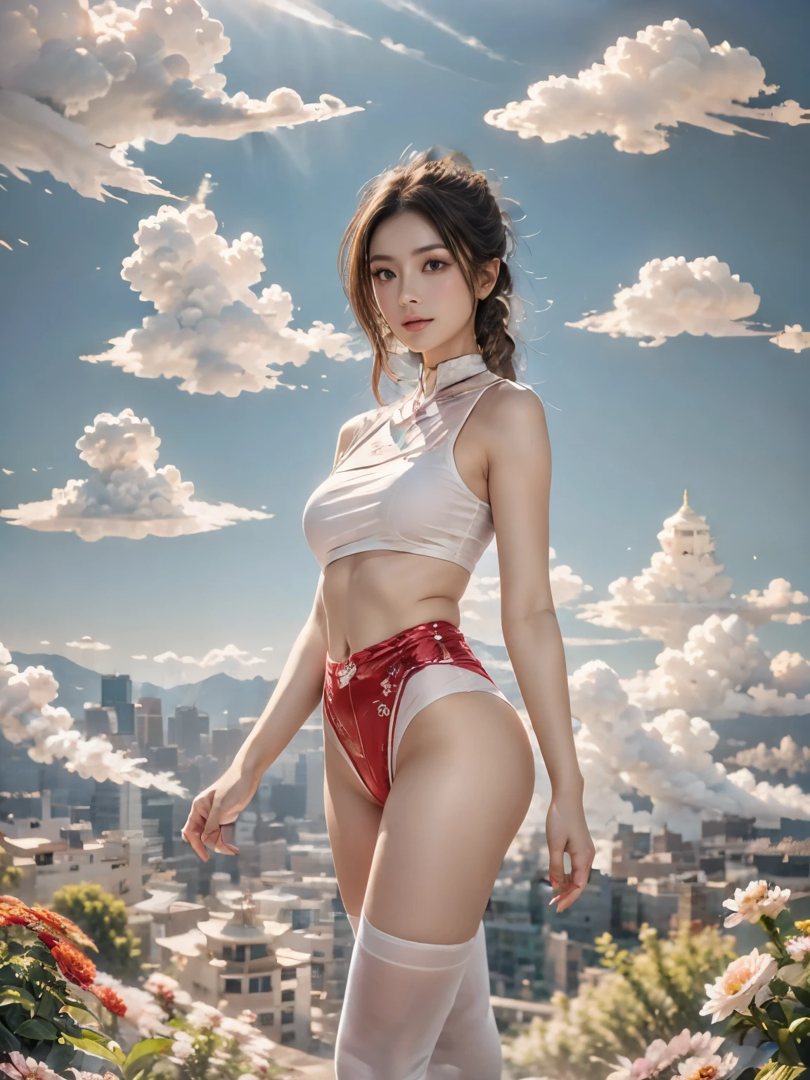 zhongfenghua, 1 girl, only, Hanfu, antique_China_architecture, Flower Field, Floral, (White smoke:1.3) (Realistic Portraits:1.4), Tangled, Mandala, twist, Official Art, Unity 8K wallpaper, Extremely detailed, Beautiful and beautiful, masterpiece,best quality, (Dynamic Angle:1.4), Glowing skin, (Colorful sparks floating:1) The most beautiful form of chaos, elegant, Barbarian design, Vibrant colors, Exotic romance, Depth of Field._dance, Red flowers,Leg clothing