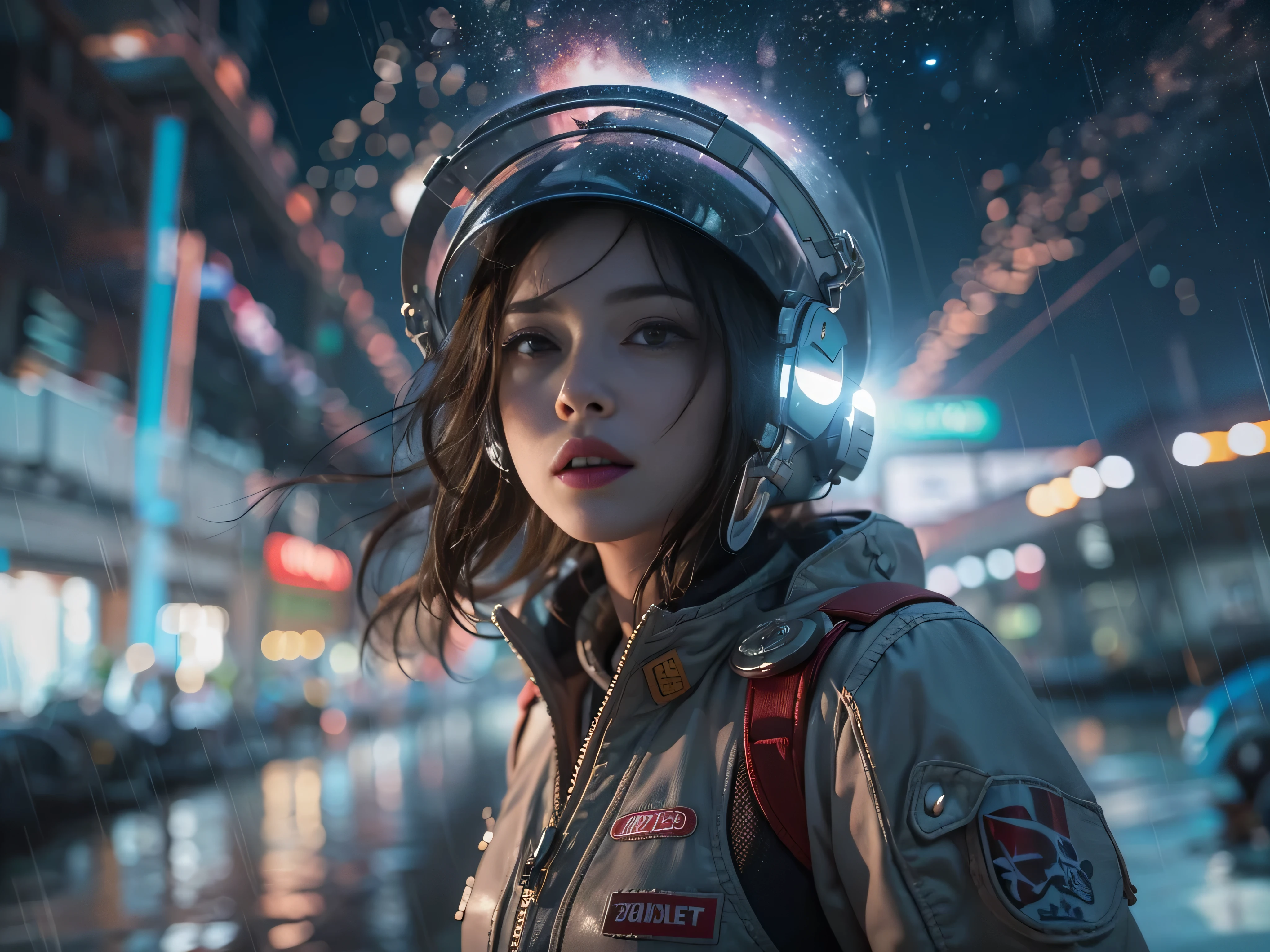 (RAW quality:1.4), Best image quality, Cinema Lighting, Octane Rendering, Ultra Sharp, 1 girl, Japanese, Troubled face, Glowing Skin, Detained fugitives, (Running at full speed:1.4), Brown Hair, Shortcuts, All-white pilot suit:1.3, Cleavage, cyber punk, A night sky filled with countless twinkling stars, Shining Milky Way, heavy rain:1.3, What's left behind, Laser beam attack, Big Explosion:1.3, Pillar of Fire:1.2, City in flames, flood, Wet Hair:1.5, Wet Skin:1.5, puddle, Fine Eyes, Fine skin, Camel Toe, Intensely detailed image quality, (Photo taken with an 8mm fisheye lens:1.4), Angle looking up from below:1.2, (Full-body photo), Soaking wet, The shutter speed is fast,