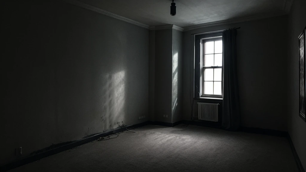 A dark and eerie room with a flickering flashlight casting shadows on the walls.