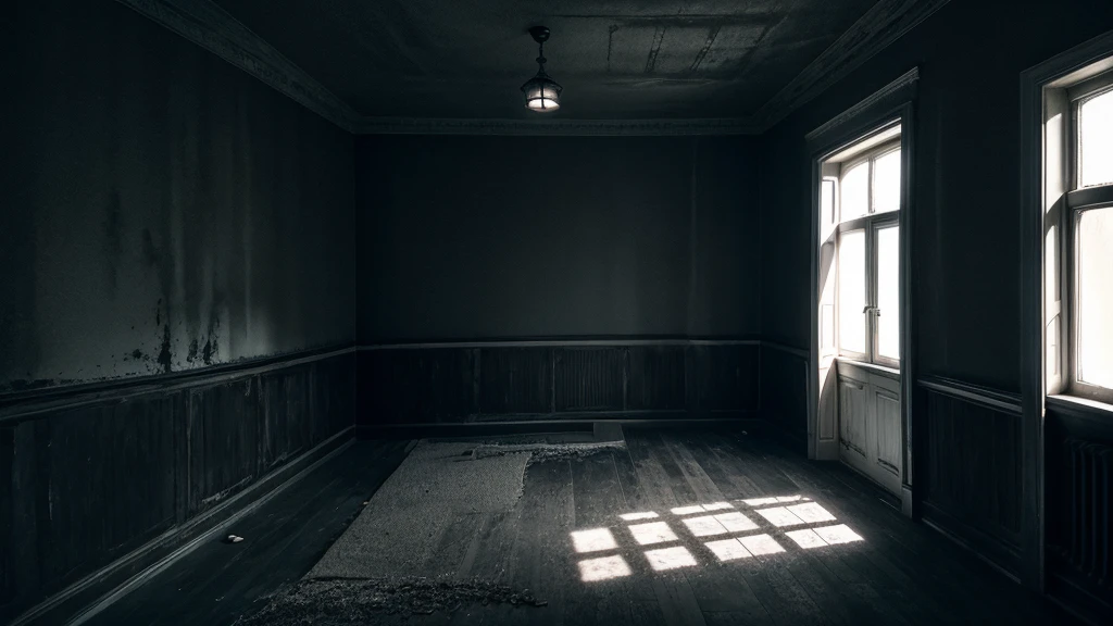 A dark and eerie room with a flickering flashlight casting shadows on the walls.