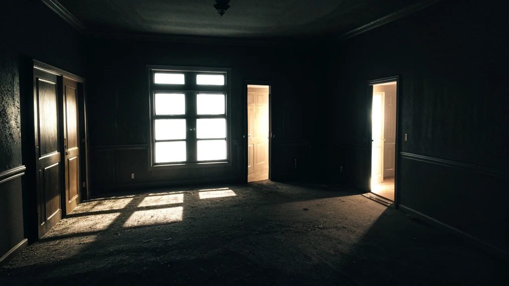 A dark and eerie room with a flickering flashlight casting shadows on the walls.