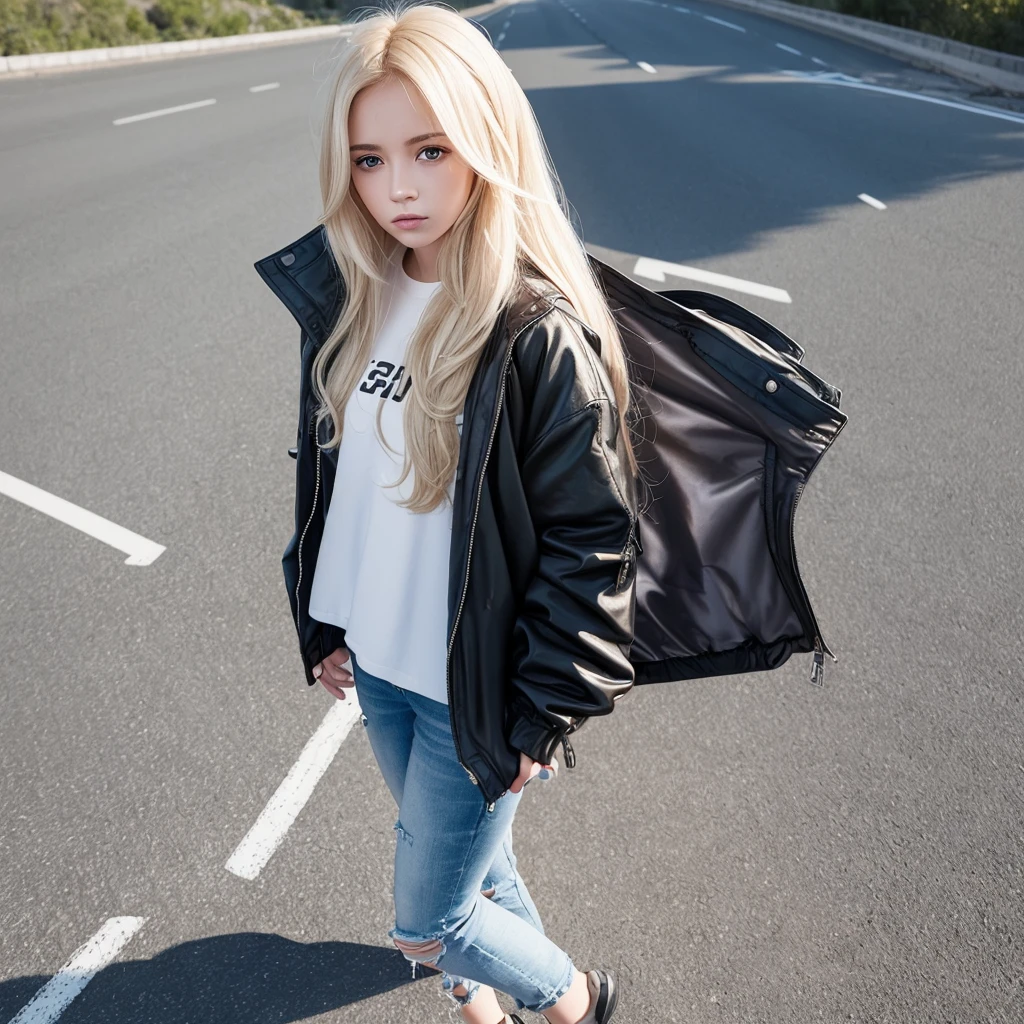 background: road
Characteristics: a girl with blonde hair  and her hair is long, wearing a small jacket and inside the small jacket there is a white shirt, she is holding the jacket, next to the jacket there is a name called "leen"