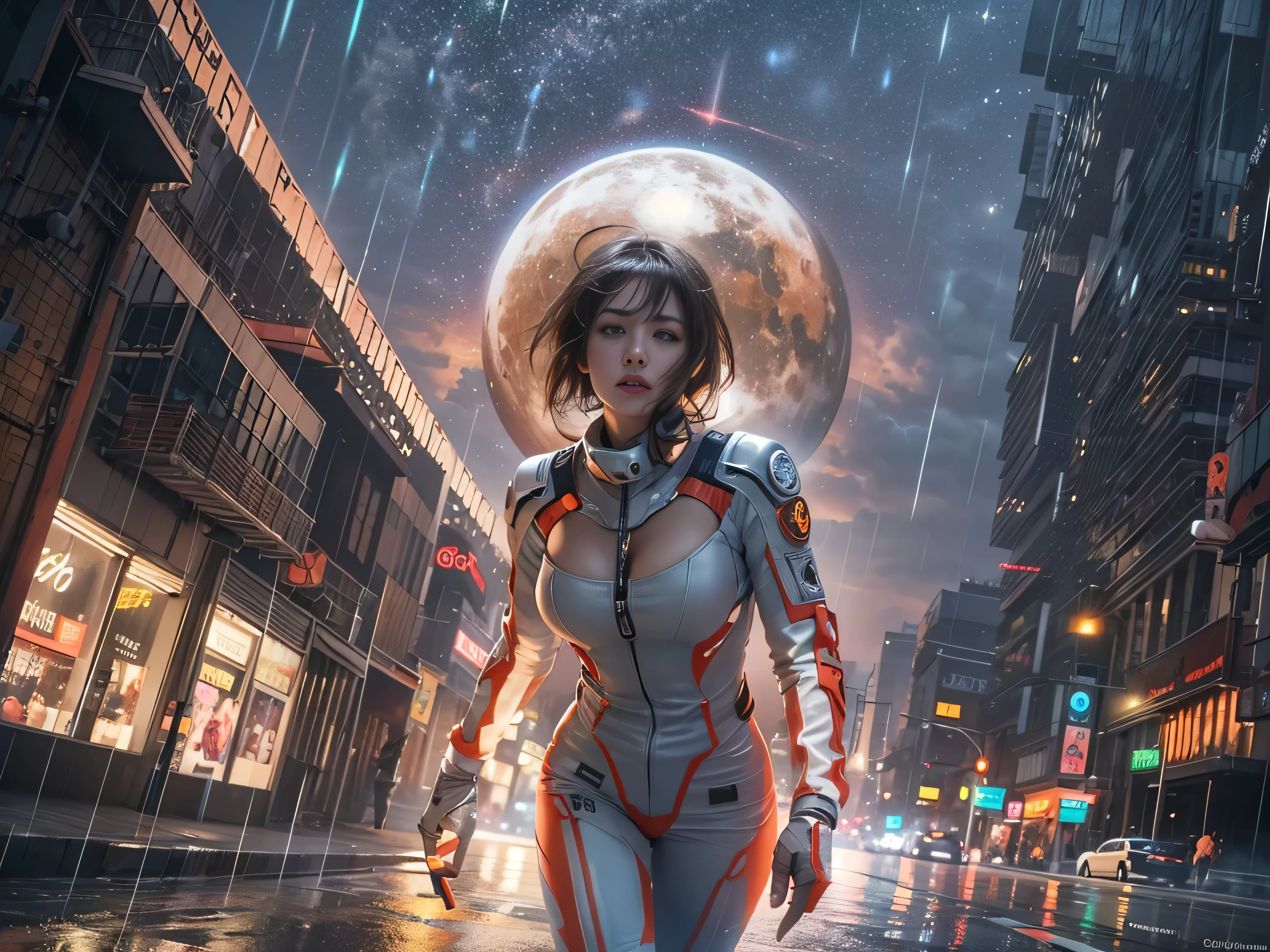 (RAW quality:1.4), Best image quality, Cinema Lighting, Octane Rendering, Ultra Sharp, 1 girl, Japanese, Troubled face, Glowing Skin, Detained fugitives, (Running at full speed:1.4), Brown Hair, Shortcuts, All-white pilot suit:1.3, Cleavage, cyber punk, A night sky filled with countless twinkling stars, Shining Milky Way, heavy rain:1.3, What&#39;s left behind, Laser beam attack, Big Explosion:1.3, Pillar of Fire:1.2, City in flames, flood, Wet Hair:1.5, Wet Skin:1.5, puddle, Fine Eyes, Fine skin, Camel Toe, Intensely detailed image quality, (Photo taken with an 8mm fisheye lens:1.4), Angle looking up from below:1.2, (Full-body photo), Soaking wet, The shutter speed is fast,