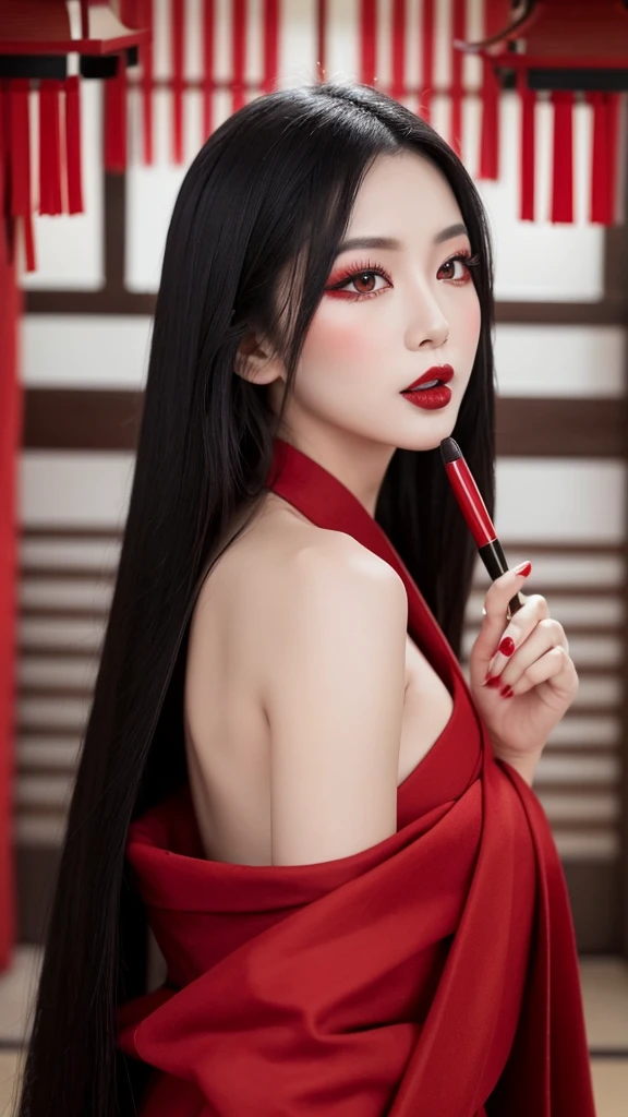 “A beautiful woman with long black hair and fair skin, wearing thin red eyeshadow. She exudes a captivating and alluring atmosphere, with rouge lipstick. She sticks out her tongue and licks a knife held in her hand. She is dressed in a traditional Japanese kimono, which is slightly open at the shoulders. The background is luxurious and magnificent.”