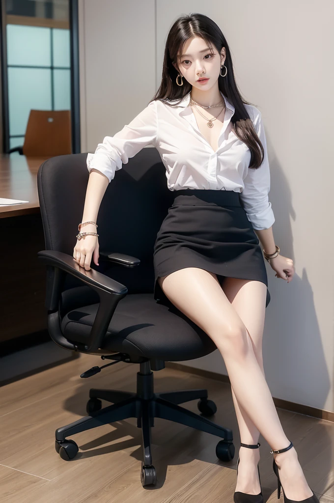 (((actual photography))),, portrait, Korean,(arrogant的臉:1.3),, 1 Girl,beautiful girl, arrogant,Sit in a large class chair,Cross your legs坐姿,Write carefully on the table , (Necklace,earrings,Bracelet:1.1), Buttoned shirt and hip skirt,miniskirt , (cleavage:0.3),, In the CEO's Office, (environmental details:1.3),, (original photo, CG Unity, photography, ultra actual details, sharp focus, Delicate skin,4K, High resolution, masterpiece, best quality, actual, energetic:1.2),, (8K,4K, Ultra high quality, High resolution, professional, Movie般的, Movie, Dramatic),Cross your legs, Detailed office background