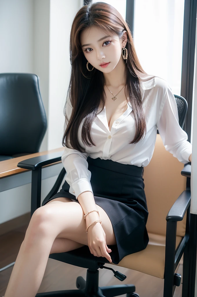 (((actual photography))),, portrait, Korean,(arrogant的臉:1.3),, 1 Girl,beautiful girl, arrogant,Sit in a large class chair,Cross your legs坐姿,Write carefully on the table , (Necklace,earrings,Bracelet:1.1), Buttoned shirt and hip skirt,miniskirt , (cleavage:0.3),, In the CEO's Office, (environmental details:1.3),, (original photo, CG Unity, photography, ultra actual details, sharp focus, Delicate skin,4K, High resolution, masterpiece, best quality, actual, energetic:1.2),, (8K,4K, Ultra high quality, High resolution, professional, Movie般的, Movie, Dramatic),Cross your legs, Detailed office background