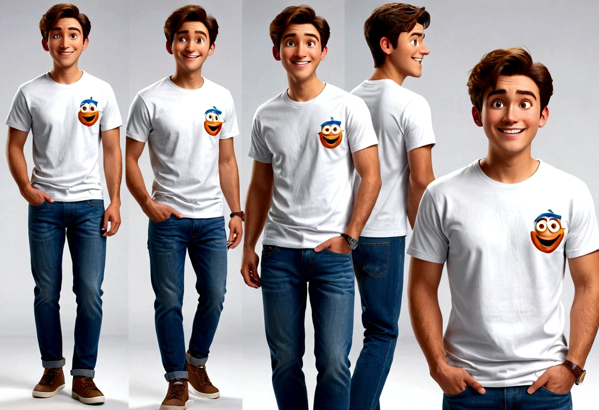 ((masterpiece, best quality)), award winning, 4k, 8k, character sheet, simple background, photography, multiple views, visible face, (one man), 25 years old, Young adult with a clean-cut, short hair, youthful and energetic look. Expressive eyes, wide-eyed look of surprise, transitioning to a relieved smile . Modern casual clothes, such as a fitted t-shirt and jeans. Pixar character.