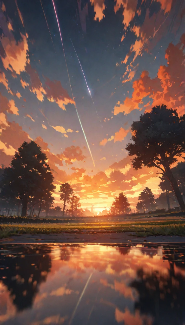 Summer, orange clouds, evening, suset, on the outskirts of the village
, Runway: 1.2, Trees, Shooting Star, Small Waterhole, Reflection, Shady,orange Sunlight, Wide Angle, High Resolution, Fine Detail, Ultra Detail, Sharp Focus, Perspective, Depth of Field, wide shot, atmospheric perspective, perspective, Best Quality, 8K, highres, award winning, super detail, masterpiece