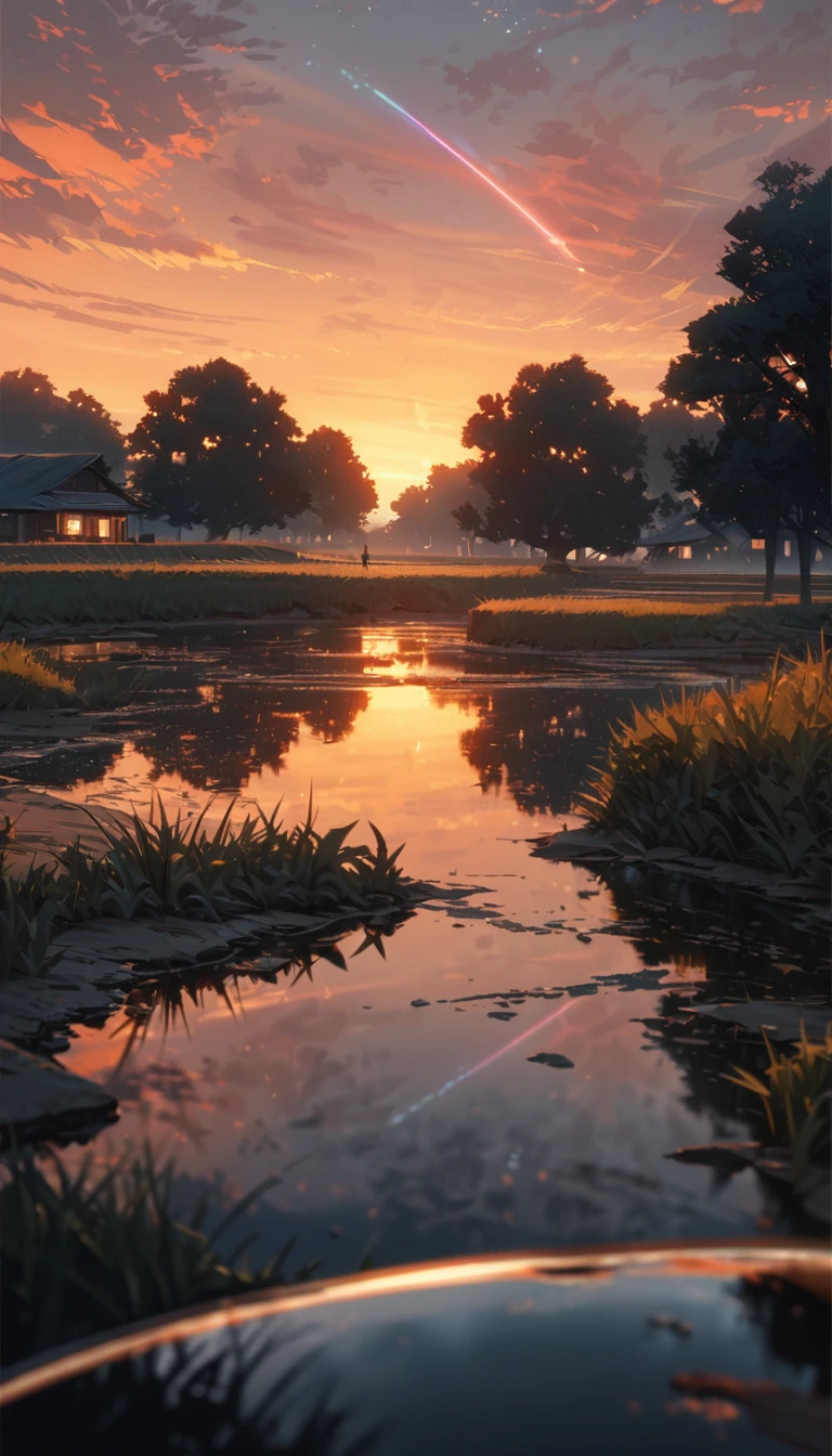  Summer, orange clouds, evening, suset, on the outskirts of the village
, Runway: 1.2, Trees, Shooting Star, Small Waterhole, Reflection, Shady,orange Sunlight, Wide Angle, High Resolution, Fine Detail, Ultra Detail, Sharp Focus, Perspective, Depth of Field, wide shot, atmospheric perspective, perspective, Best Quality, 8K, highres, award winning, super detail, masterpiece