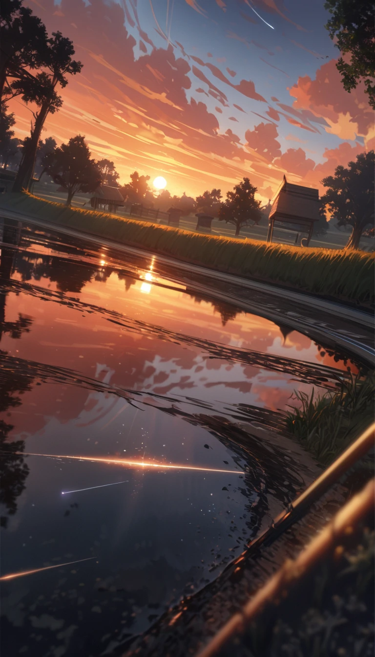 Summer, orange clouds, evening, suset, on the outskirts of the village
, Runway: 1.2, Trees, Shooting Star, Small Waterhole, Reflection, Shady,orange Sunlight, Wide Angle, High Resolution, Fine Detail, Ultra Detail, Sharp Focus, Perspective, Depth of Field, wide shot, atmospheric perspective, perspective, Best Quality, 8K, highres, award winning, super detail, masterpiece