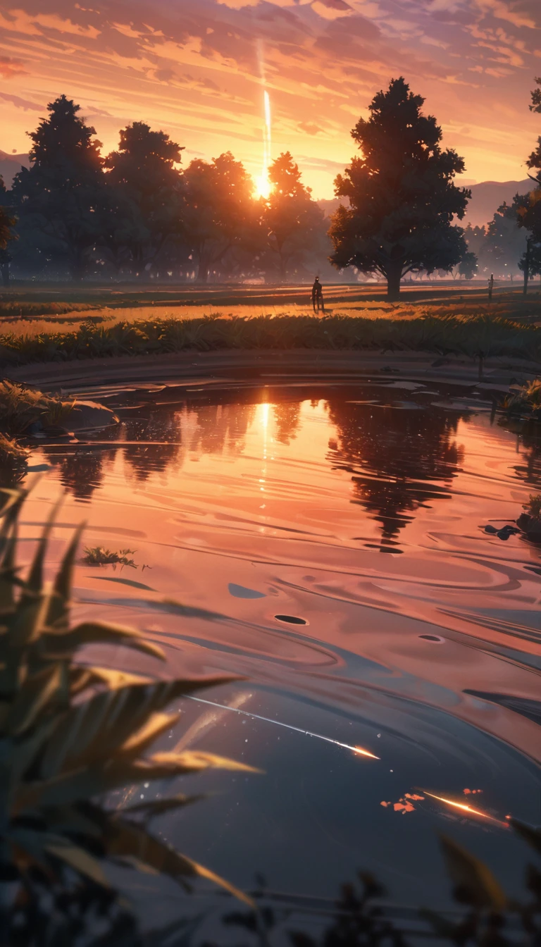  Summer, orange clouds, evening, suset, on the outskirts of the village
, Runway: 1.2, Trees, Shooting Star, Small Waterhole, Reflection, Shady,orange Sunlight, Wide Angle, High Resolution, Fine Detail, Ultra Detail, Sharp Focus, Perspective, Depth of Field, wide shot, atmospheric perspective, perspective, Best Quality, 8K, highres, award winning, super detail, masterpiece