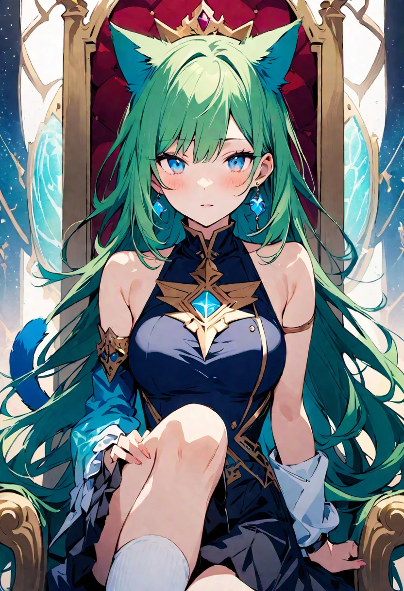 masterpiece, Highest quality, Illustration of the novel, High resolution, 18+ Adult content, Sensual, Intimate, Emotional, Passionate, romantic, sweet, Adorable, Innocent, Pure, Fascinating, Fascinatingな, Charm, mysterious, Fascinatingな, Fascinating, Immersive, Fascinatingな, dream-like, Surreal, Imaginative, Whimsical, Artistic, Avant-garde, timeless, elegant, Sophisticated, chic, Sophisticated, personality, original, Fascinatingな,One Girl,Deltamon_beta, alone, blue eyes, Knee socks, Animal ears, Bare shoulders, Blue Tail, Earrings,Removable sleeves, Green Hair, Sleeveless, Cat ear, bag, white Knee socks, Cat'tail,pink backpack,Pink school bag,Lavender lace: Lavender Peter Pan collar lace dress, Paired with ivory tights and Mary Jane shoes.,Cherry-blossom viewing, azalea, satsuki, azalea blizzard,
rest,((Throne of Power,Throne of Power:1.3))