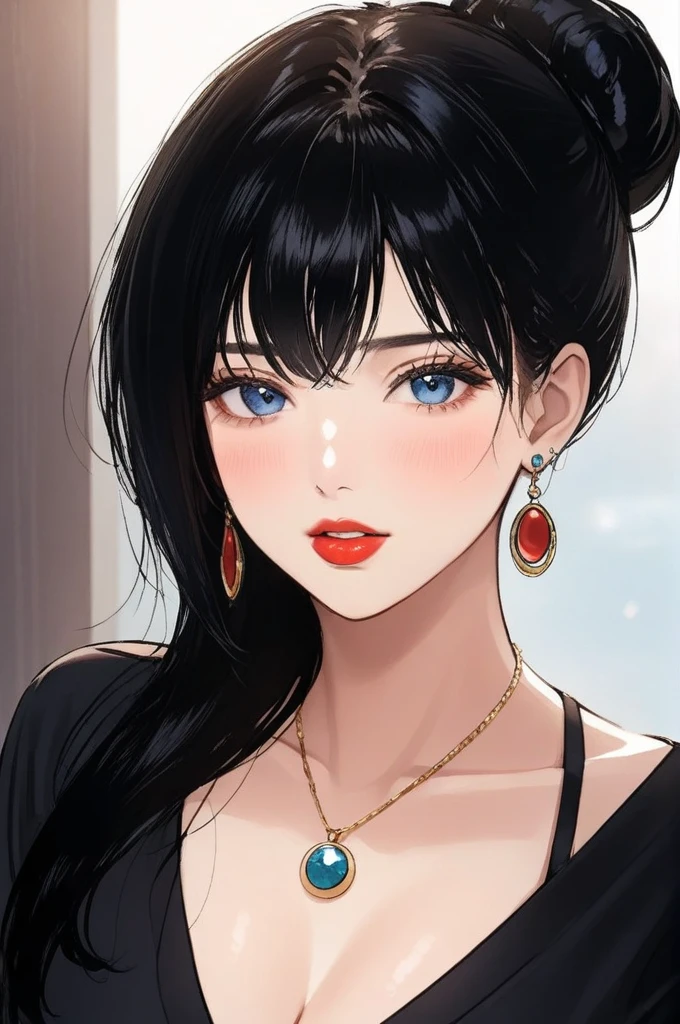 
Hot sexy beautiful women biting lower lip, detailed lips , detailed blue eyes, big  heavy  circle jhumka earrings , alluring face, necklace , detailed red lipstick  ,black hair, blush , makeup , hair bun,