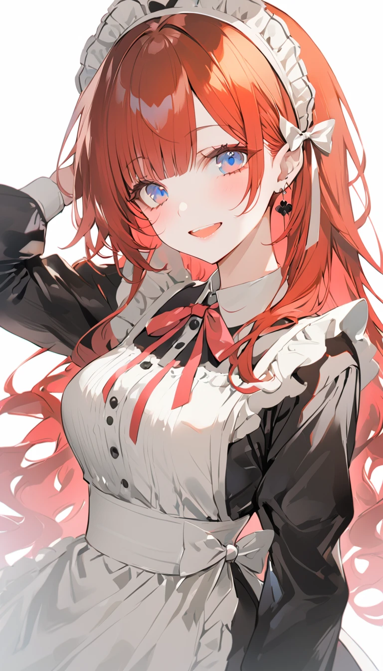 a cartoon of a pretty lady that is dressed in maid costume and holding something, 1girl, solo, colored inner hair, breasts, maid headdress, maid, blue eyes, black hair, long hair, blush, apron, open mouth, looking at viewer, smile, large breasts, dress, long sleeves, multicolored hair, hair ornament, red hair, bangs