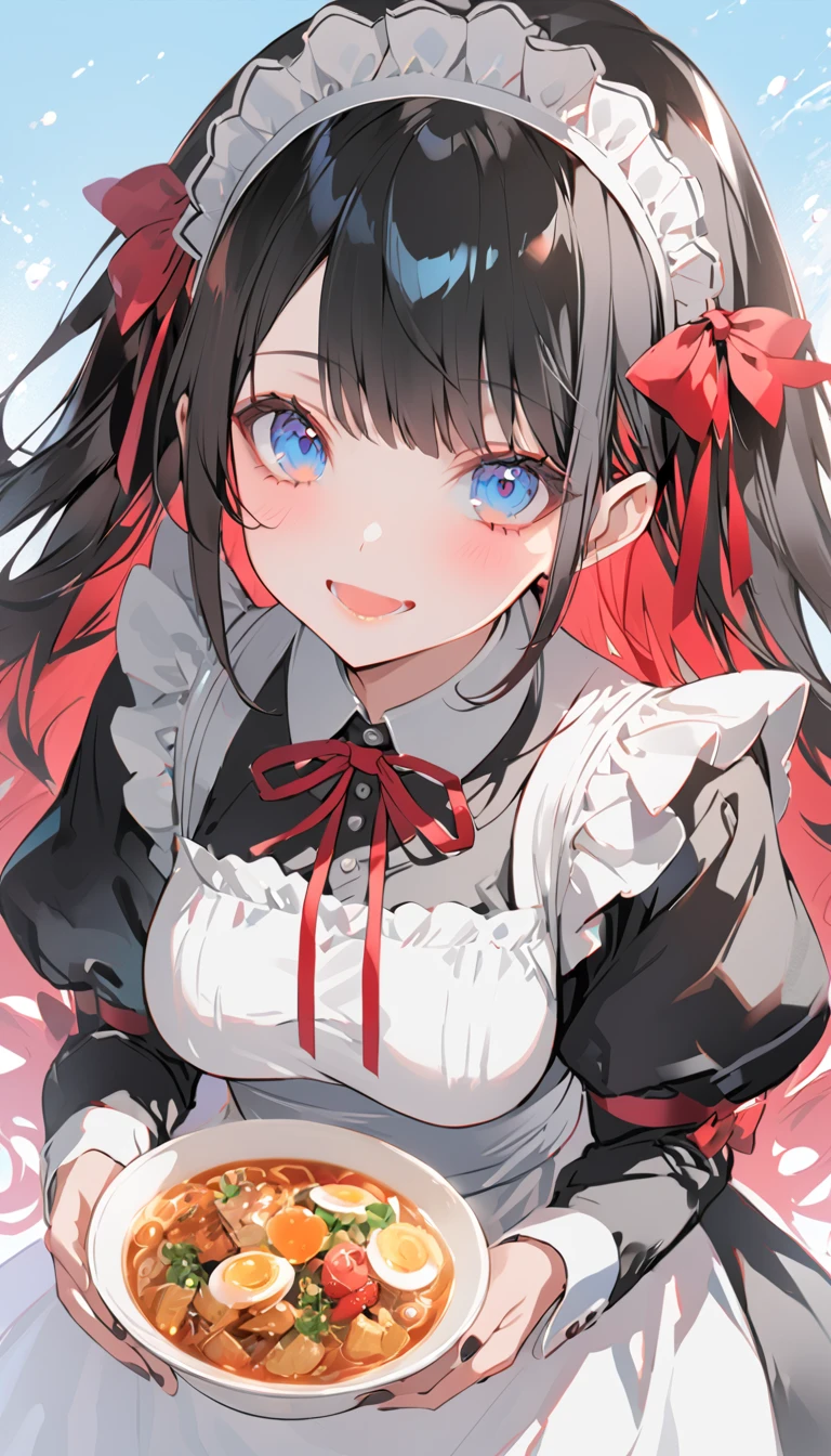 a cartoon of a pretty lady that is dressed in maid costume and holding something, 1girl, solo, colored inner hair, breasts, maid headdress, maid, blue eyes, black hair, long hair, blush, apron, open mouth, looking at viewer, smile, large breasts, dress, long sleeves, multicolored hair, hair ornament, red hair, bangs