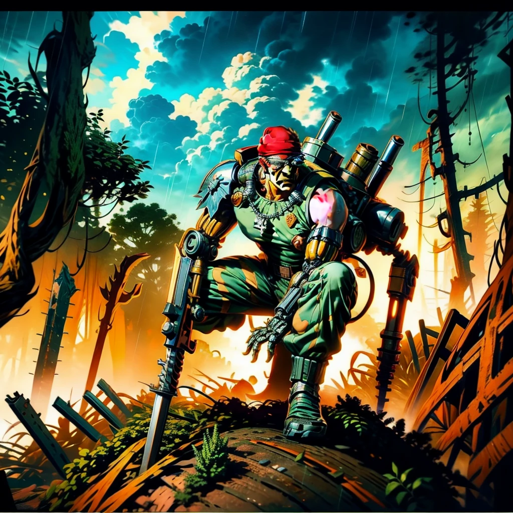 Generate a stunning art style, a true [masterpiece] [best quality] of art. The image showcases [detailed linework], [dynamic shading], and [dramatic lighting], bringing to life a [dreading atmosphere, grim dark coloures] . In the background a [dens jungle, forest,  thunder storm, rain, warhammer 40k] is to be seen in [grand:1.8, high-scale:1.8, panorama:1.8] from [from below]. catachan, is (solo:1.5), (full body:1.5), (squatting) through jugnle. He is holding [gun, rifle in right hand]. He  is wearing  [detailed [randomize](mechanical arms/mechanical eye:1.2), red bandana,].
