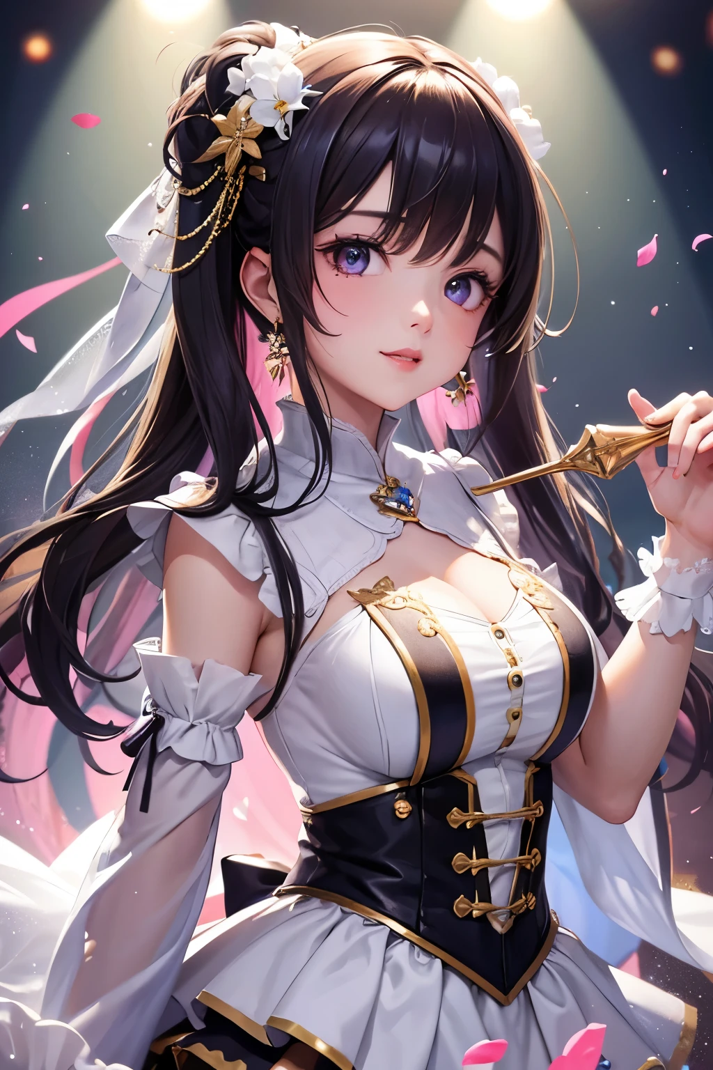 One Girl、Looking at the audience、
Beautiful Pink Eyes、brown short twintail hair, Mole under the eye、Plump and glossy lips、Heart-shaped choca、Idol、she is name May , smile、ー、。.。.。.。.。.。.。.。.。.。.。.。.。.。.。.。.。.。.3D、Realistic、
idol costume、short skirt,Drape clothes、gem、The decoration has been removed、Floral、Lace trim,On the glittering stage、
masterpiece、highest quality、8k、Detailed skin texture、Detailed cloth texture、Beautifully detailed face、Intricate details、Very detailed、
超A high resolution、8K Ultra HD、Film Grain、Best Shadow、delicate、Staring at the audience、front