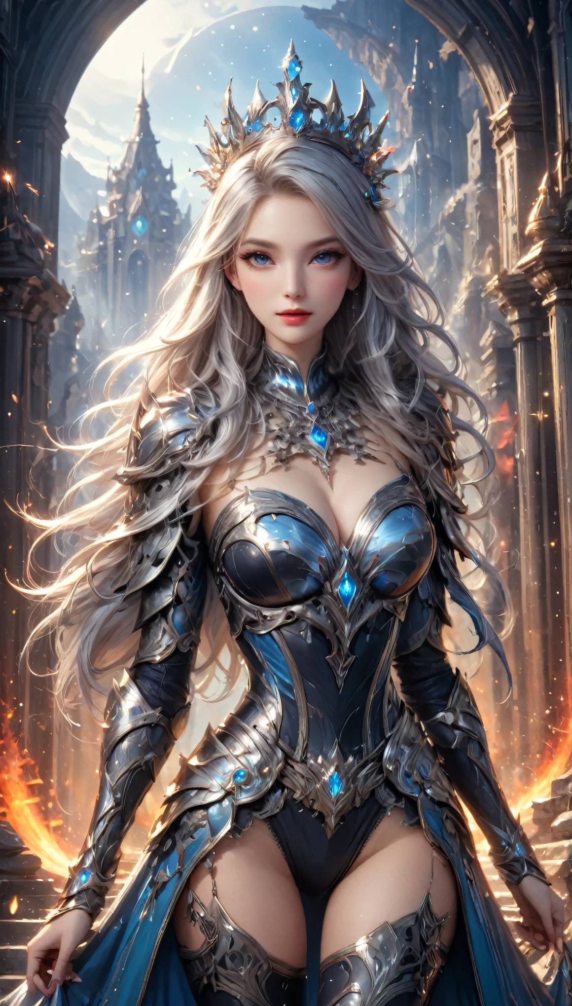 8K resolution, masterpiece, Highest quality, Award-winning works, unrealistic, From above, erotic, sole sexy lady, healthy shaped body, 22 years old, dark knight, 165cm tall, huge firm bouncing busts,, white silver long wavy hair, Detailed facial depictions, Break, Mysterious blue eyes, Standard nose, Eyeliner, pink lips, sexy long legs, Clear skin, knight, God in the right hand々A holy sword that emits a brilliant light., Gothic armor, Complex structure of armor, Seven-colored colorful armor, Clothed in flames, Phoenix Crest, elegant, Very detailed, Delicate depiction of hair, miniature painting, Digital Painting, artステーション, コンセプトart, Smooth, Sharp focus, shape, artジャム、Greg Rutkowski、Alphonse Mucha、William Adolphe Bouguereau、art：Stephanie Law , Royal Jewel, nature, Symmetric, Greg Rutkowski, Charlie Bowwater, Unreal, Surreal, Dynamic Lighting, ファンタジーart, Complex colors, Colorful magic circle, flash, dynamic sexy poses, A kind smile, Mysterious Background, Aura, A gentle gaze, BREAK, Small faint lights and flying fireflies, night, lanthanum, 山の頂From above下界を見下ろす, Starry Sky, milky way, nebula, shooting star,, (Back view, Looking back towards the camera:1.3),