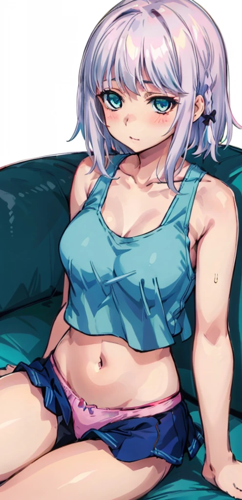 1 girl, kanon kanase,  , blush, medium breasts, sleeveless,((stylish outfit, cropped tank top, navel, panties)), sitting,  20-year-old, healthy skin. Upper_body. 